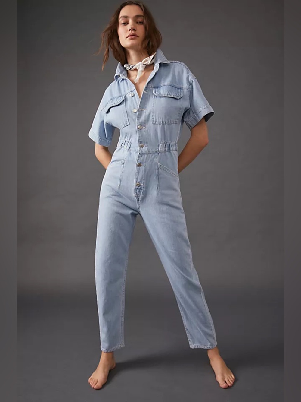 FREE PEOPLE Denim MARCI Coverall Jean Jumpsuit with Snap Pockets Clear Skies - Picture 12 of 12